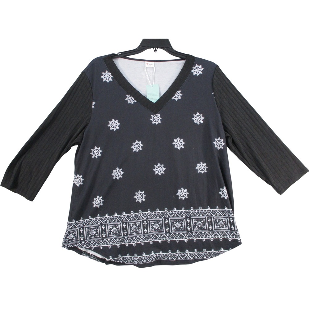 Wiholl Womens Snowflake Print V-Neck‎ Ribbed Sleeve Top Black XXL NWT